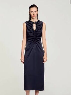 Sandro Black Midi Dress with Crystal rhinestone-Trim Keyhole